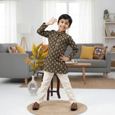 Boys Black & Gold Printed Kurta Pajama Set – Elegant Kids Ethnic Wear